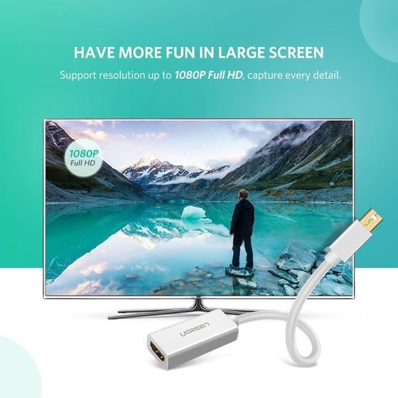 UGREEN 10461 Mini DP to HDMI Adapter in black, designed for seamless audio and video transmission from Mini DisplayPort to HDMI displays.